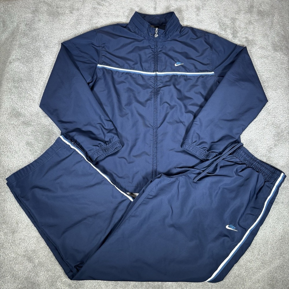 Vintage Nike Track Suit Navy Blue Striped Windbreaker Jacket Mens 2XL Pants XL